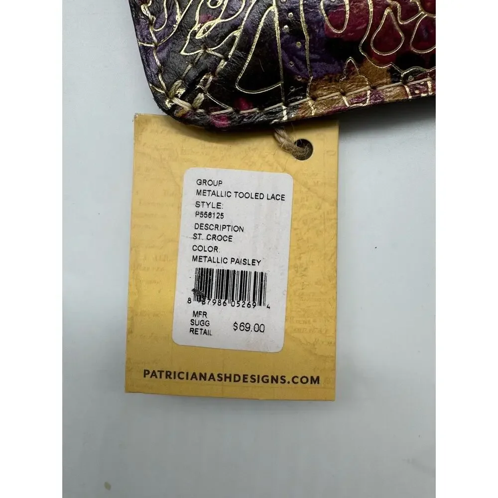 NWT Patricia Nash Metallic Tooled Lace Leather Clutch Wristlet Dark Paisley Zip
